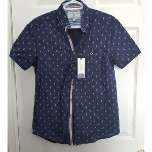 International Report Navy Blue Linen Blend Flamingo Print Size Small NWT